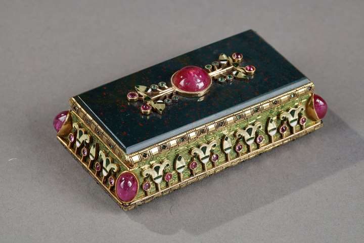 Egyptian Revival gold box with rubies, emeralds and enamel.